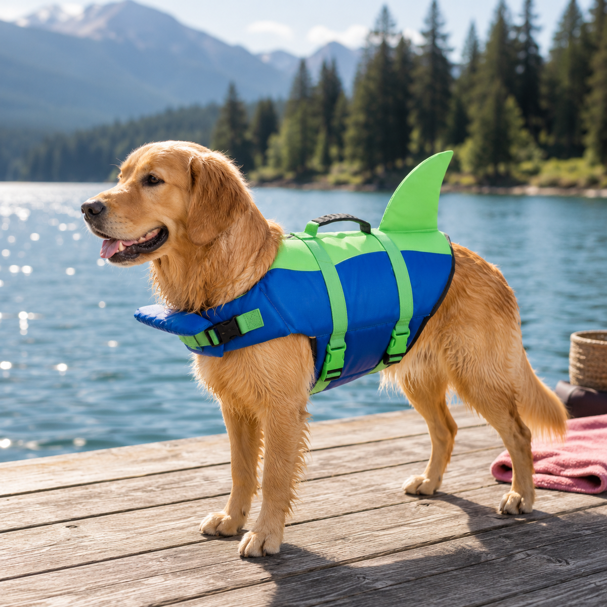 Golden retriever standing on a lake dock in the Blue / Green PetVest, showing the blue body panel, green adjustable straps, top grab handle and green shark fin