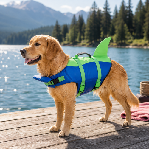 Golden retriever standing on a lake dock in the Blue / Green PetVest, showing the blue body panel, green adjustable straps, top grab handle and green shark fin