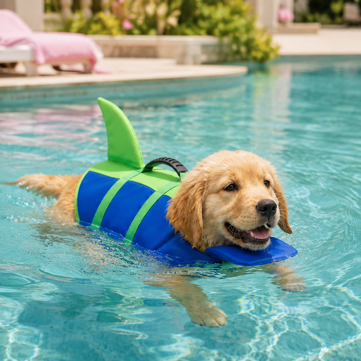 Golden retriever swimming across a pool in the PetVest, head resting above the water on the padded front flap