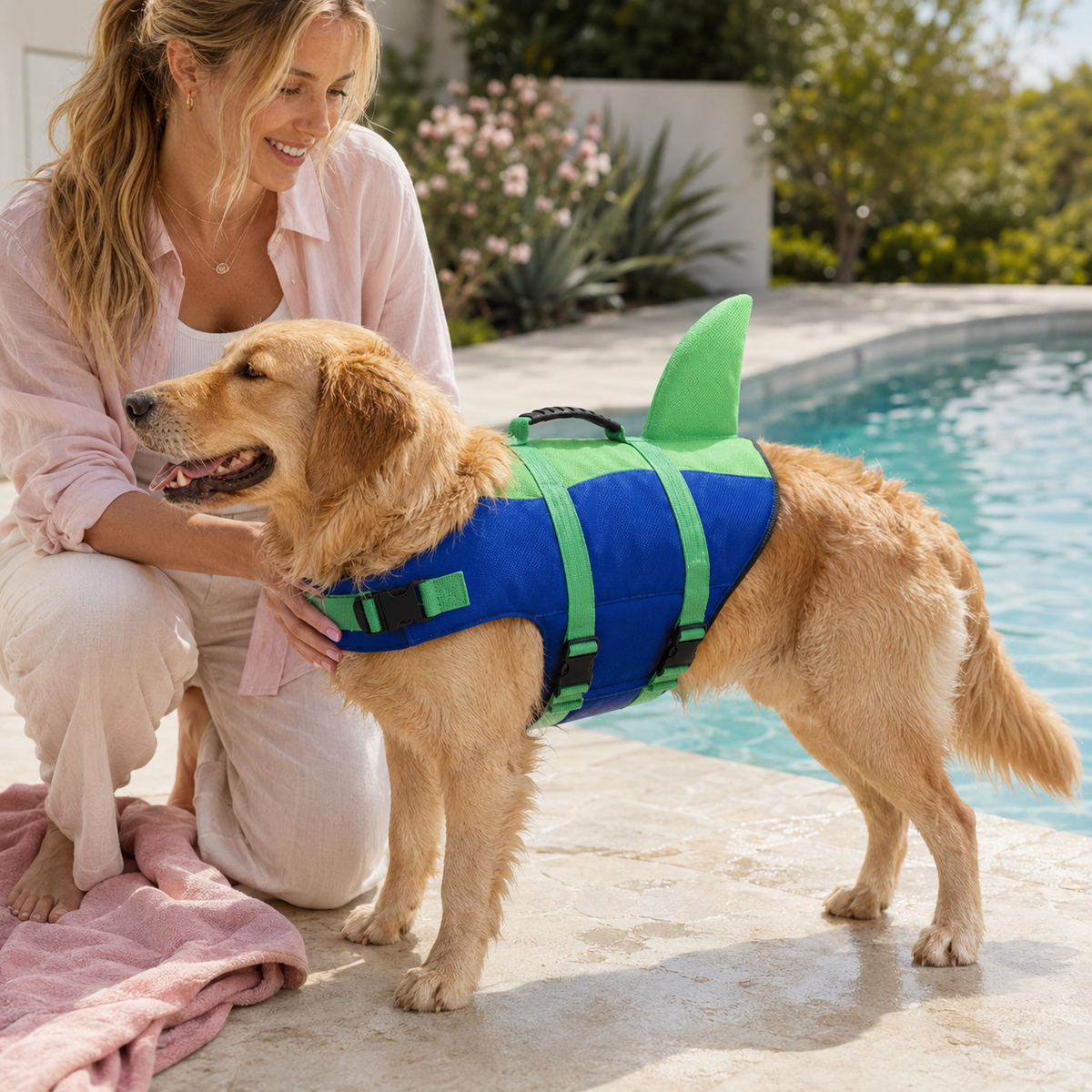 Owner kneeling beside her golden retriever at a pool edge, checking the fit of the PetVest