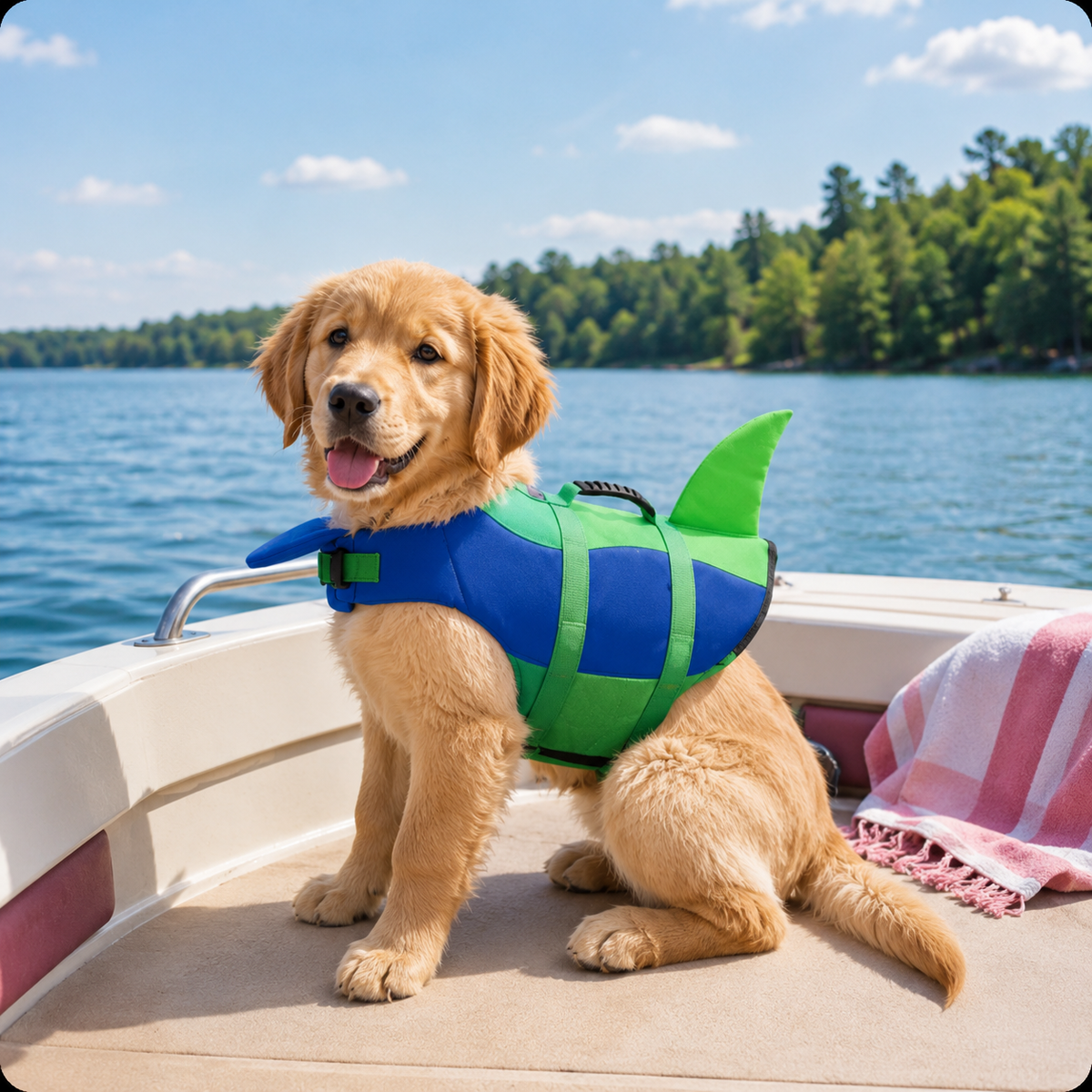 Golden retriever puppy sitting on a boat deck in the PetVest, green shark fin visible along its back