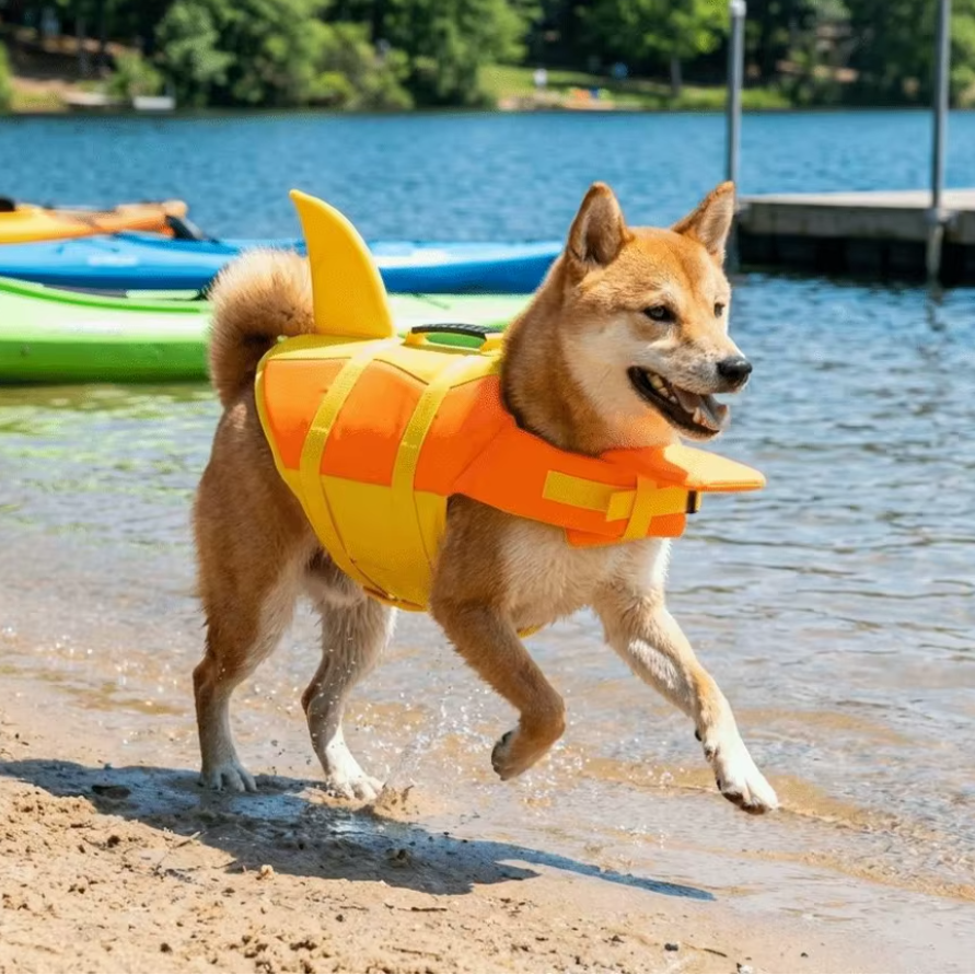 Shiba Inu running out of a lake in the Orange / Mango PetVest, kayaks on the shore behind