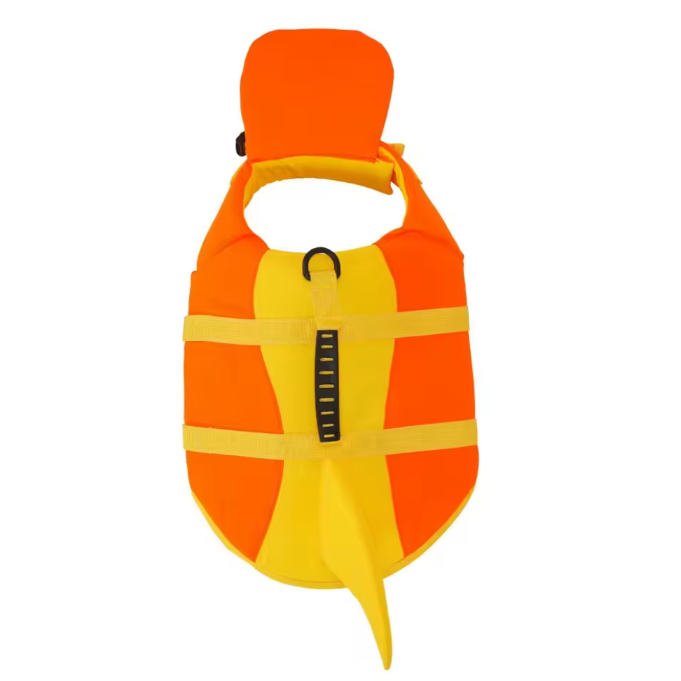 The PetVest in Orange / Mango laid flat, showing the orange body panels, yellow centre panel and straps, D-ring and yellow shark fin